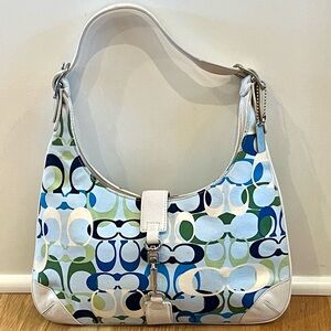 Coach Multicolor Signature Canvas Shoulder Bag with White Leather Trim
